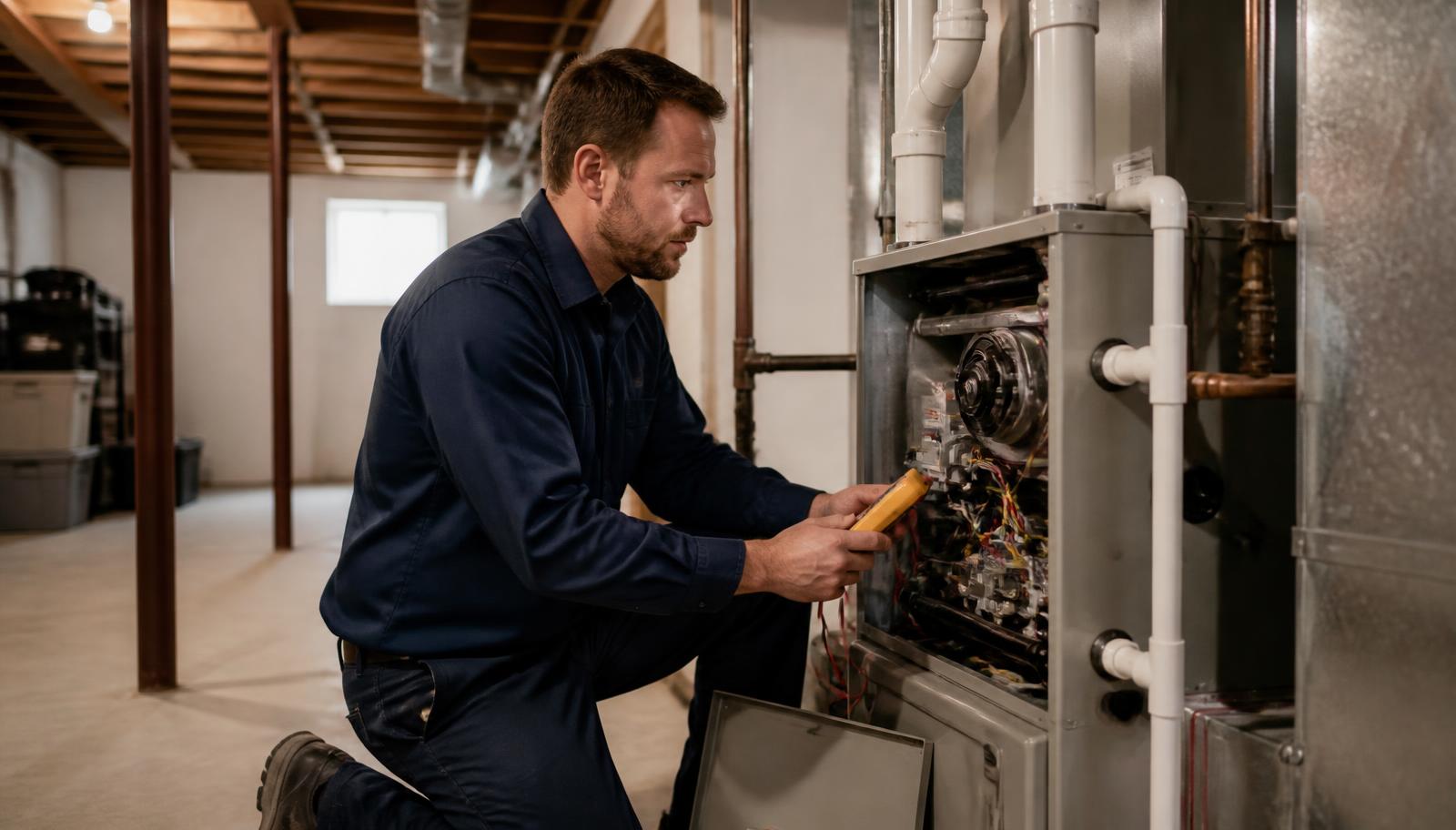 Fann Heating and Cooling technician working on a residential heating system