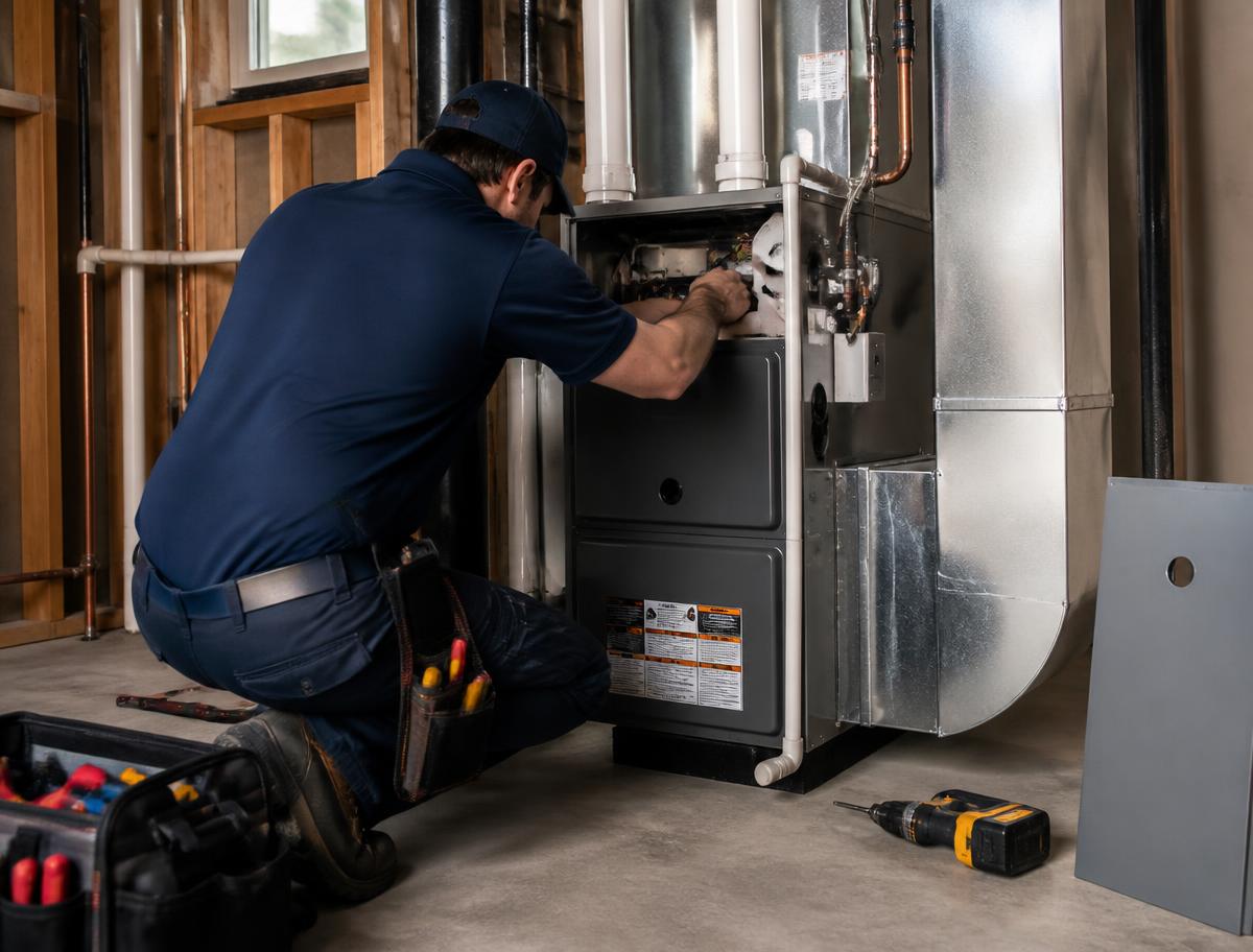 Fann Heating and Cooling technician installing a high-efficiency furnace in a Waterford Township, Michigan home