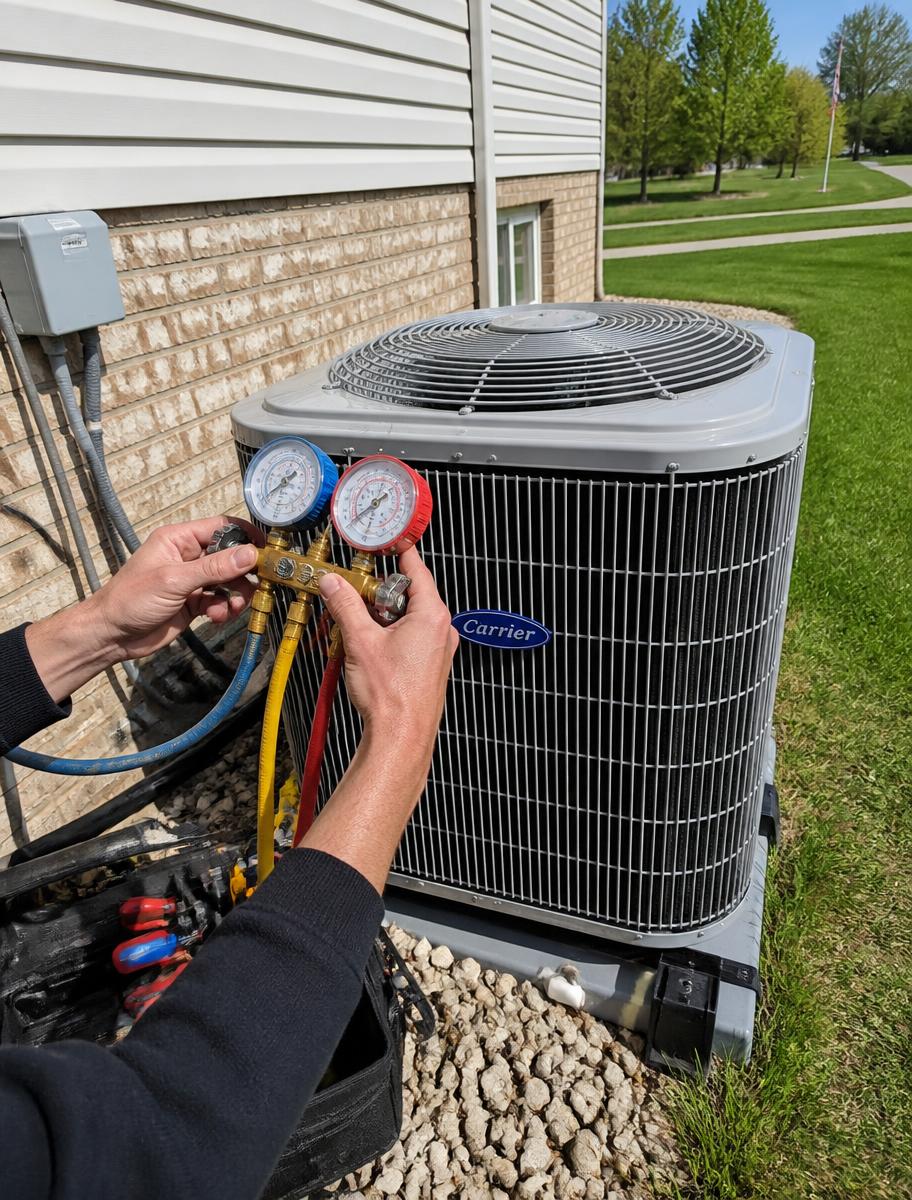 Central air conditioning unit being serviced with refrigerant gauges at a Michigan home