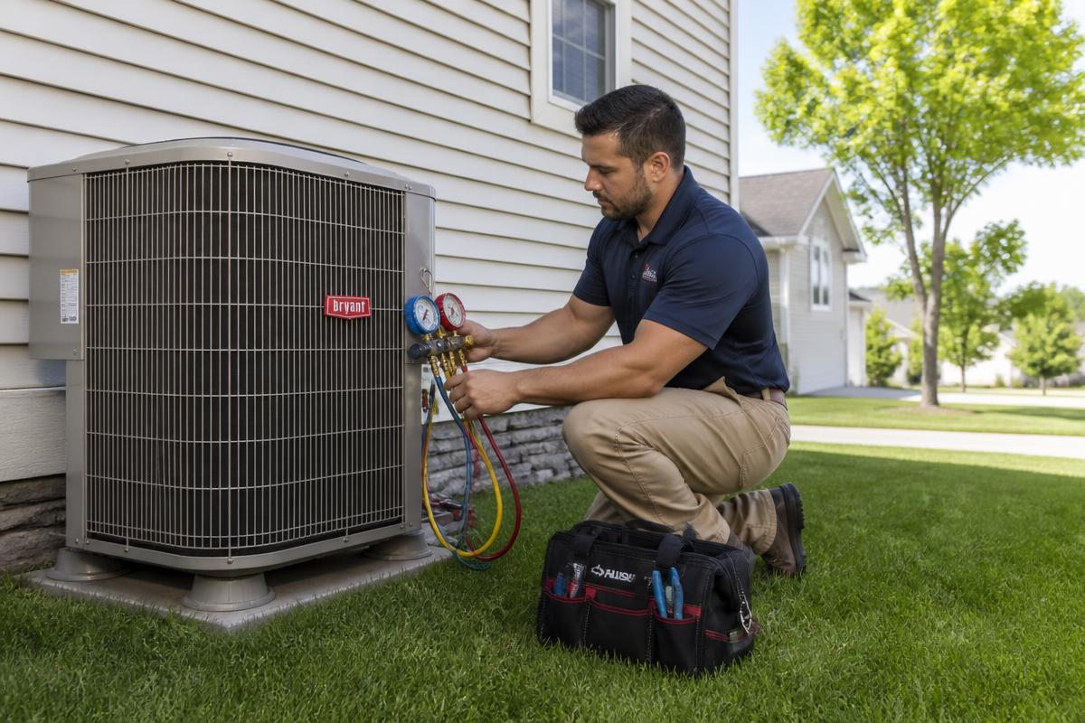 Technician servicing an outdoor central air conditioning unit at a Waterford Township home
