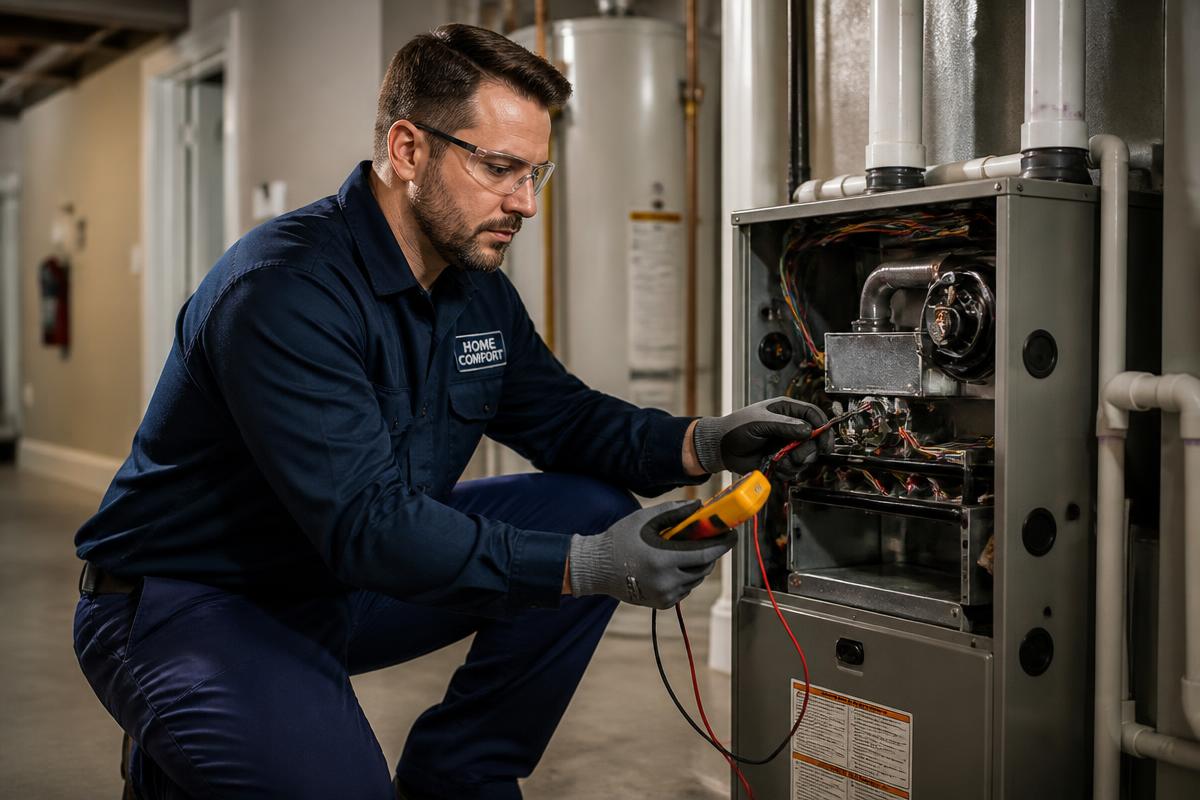 Fann Heating and Cooling technician testing a residential furnace in Waterford Township, MI