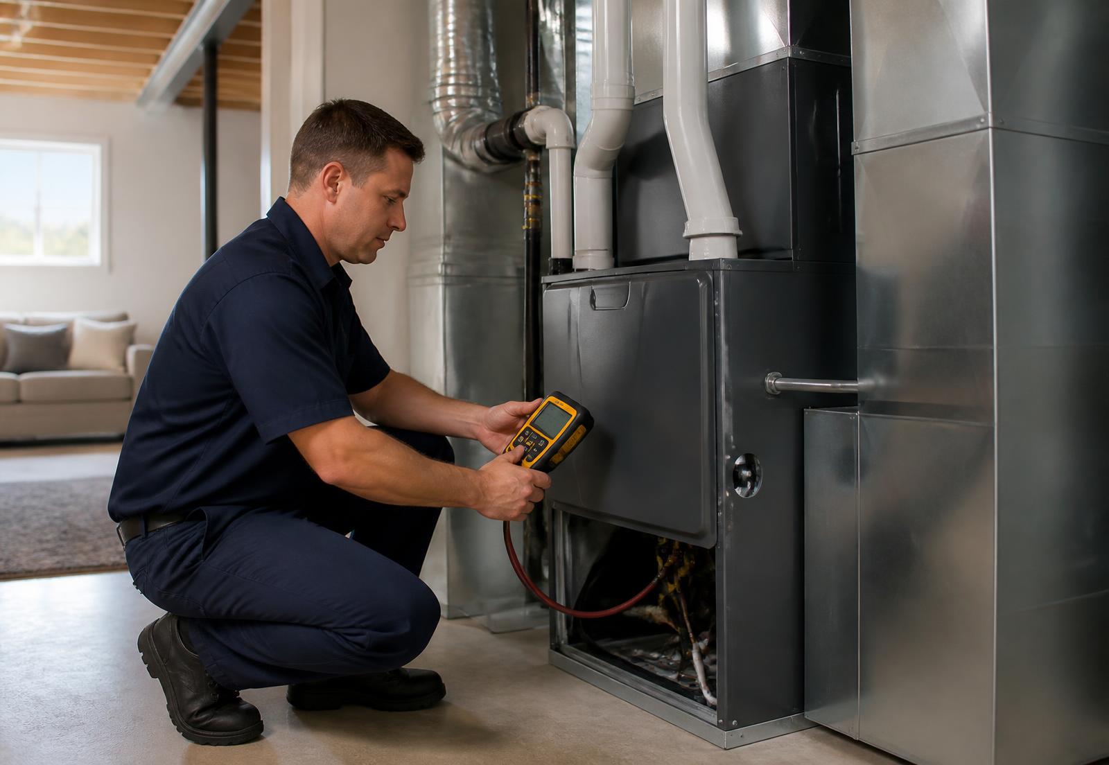 HVAC technician servicing a residential furnace in Waterford Township, Michigan